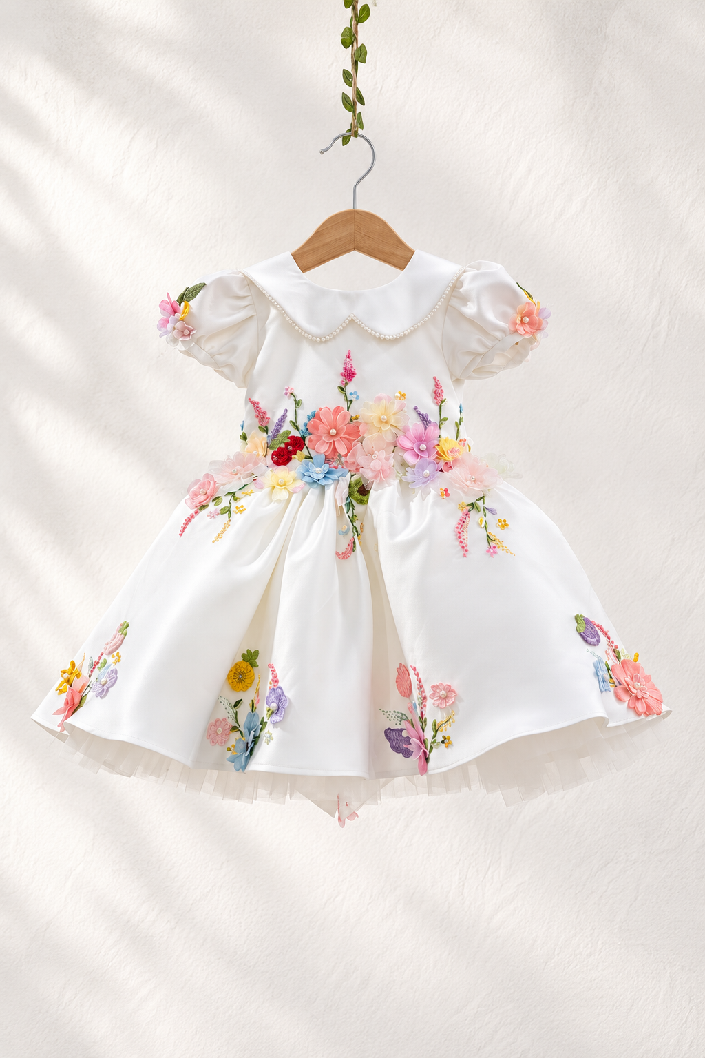 White floral couture dress for girls with 3D flowers and embroidered detailing